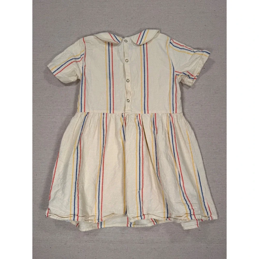 Mini Rodini Girls Striped Peter Pan Collar Dress Cream Red Blue Heart 3-5 Years